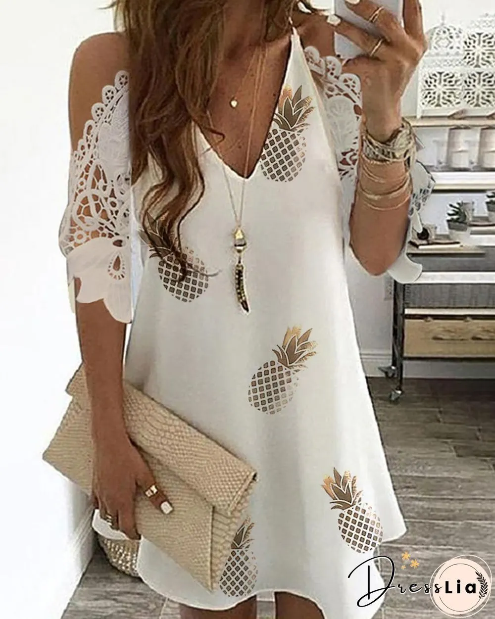 Pineapple Print Cold Shoulder Crochet Lace Dress