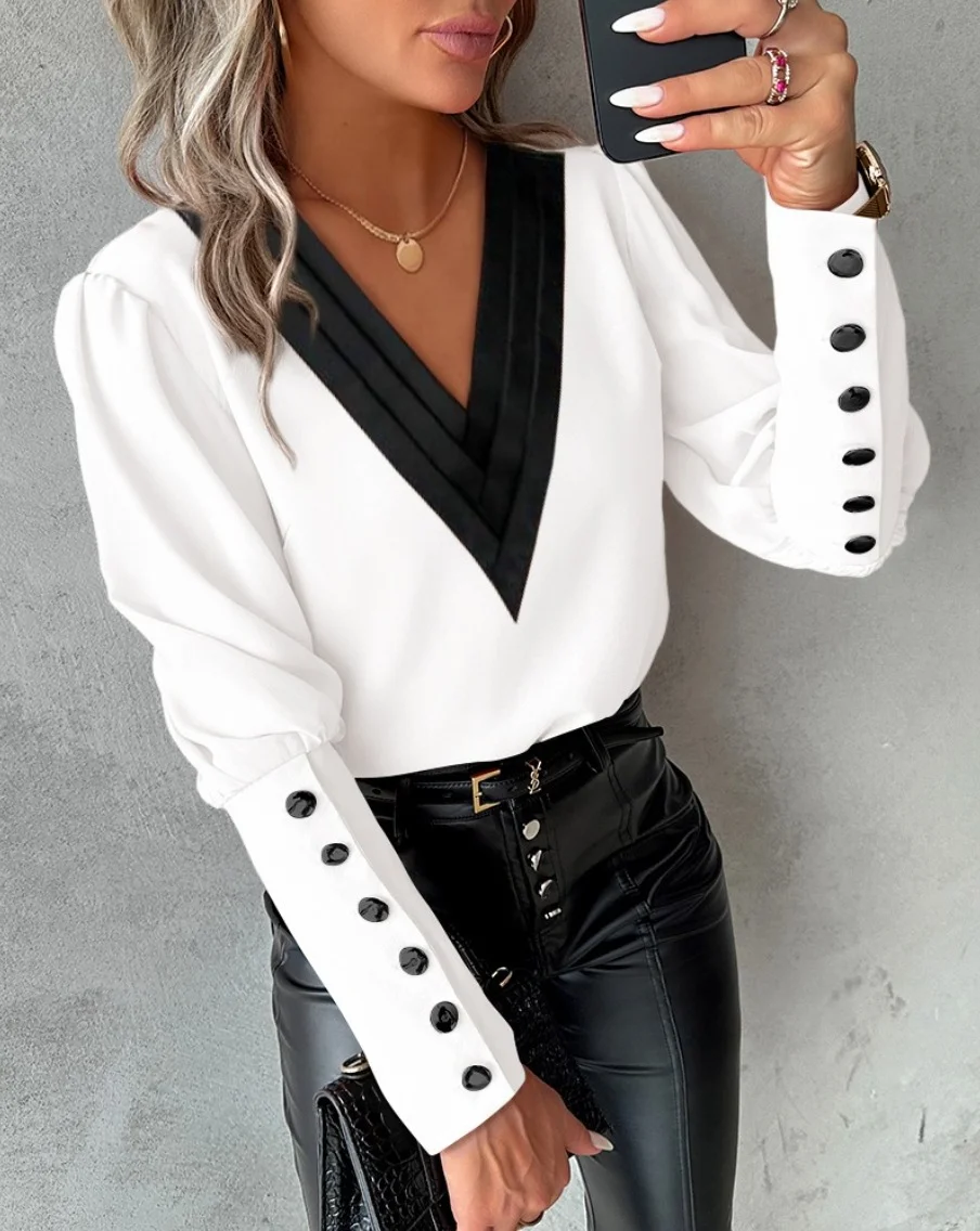 Ueong Wise Popular Autumn Fashion V-Neck Solid Color Long Sleeve Button Women's Shirt