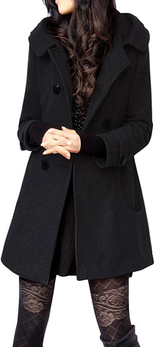 Women's Winter Double Breasted Wool Blend Long Pea Coat with Hood