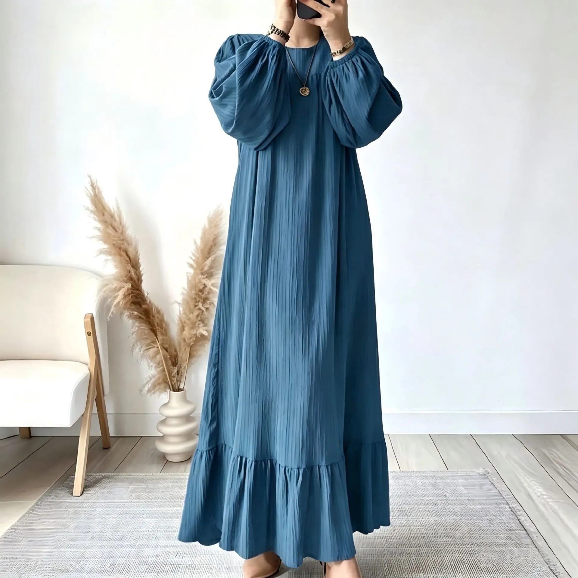 Women's Ruffle Hem Casual Flowy Long Abaya Dress
