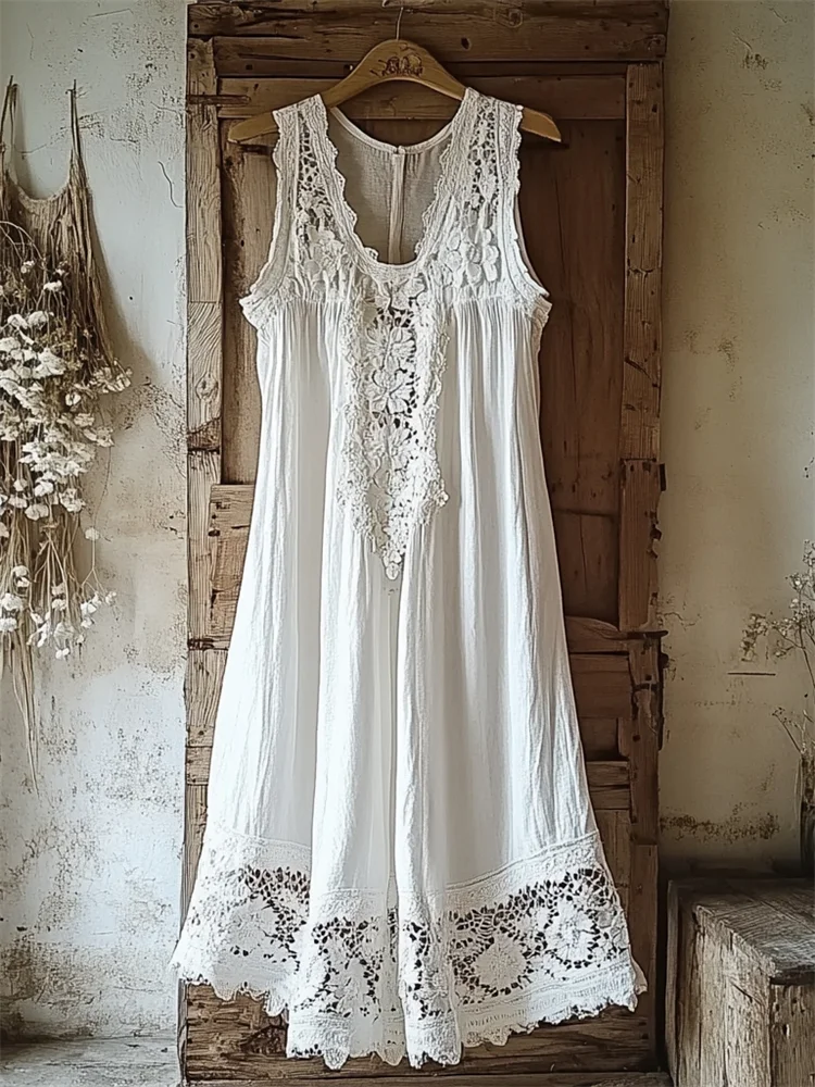 Vintage Floral Hollow Lace Patchwork Linen Tank Dress