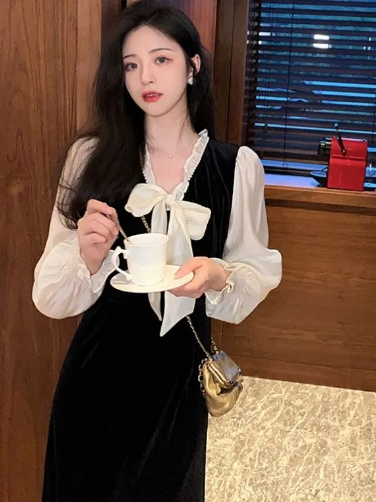 Uveng French Dresses for Women Party Long Sleeve Elegant Evening Casual Design Slim Korean Fashion Velvet Dress Autumn 2022