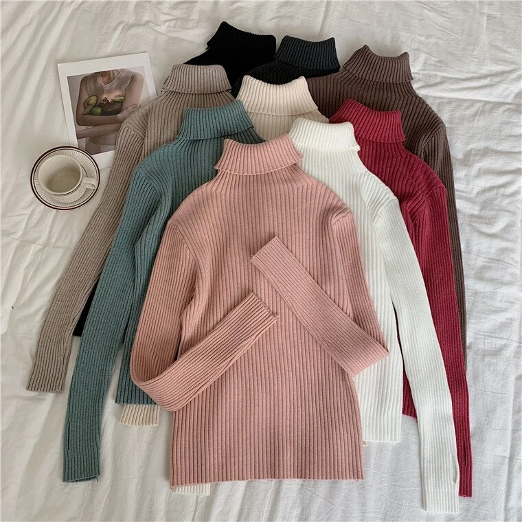 Jangj Alien Kitty 2021 New Women Sweaters Solid Basewear Knitted Female Casual Turtleneck Pullovers Retro Loose Elegant All Match Tops