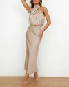 Long Formal Satin Dress Mock Neck High Neck Evening Dress