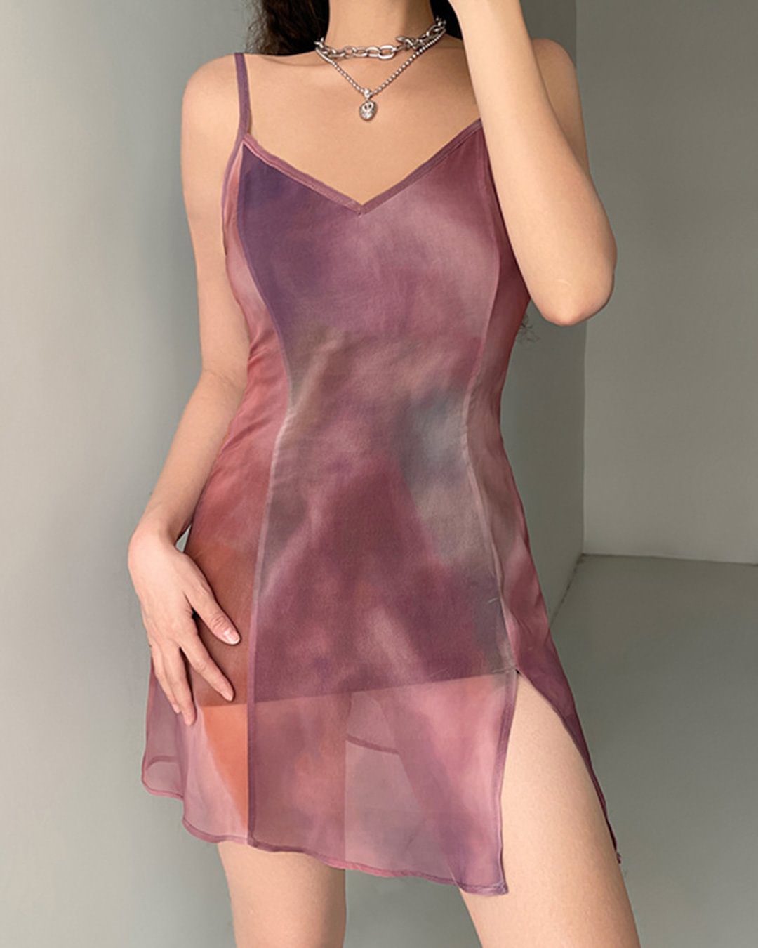 Fashionv-Tie Dye Mesh Split Hem Mini Dresses