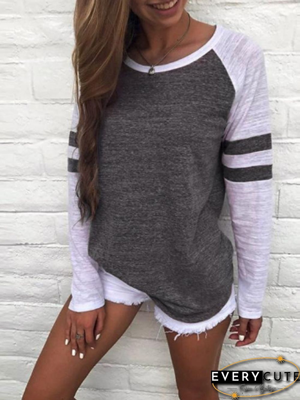 Stripe Colorblock Round Neck Raglan Sleeves T-Shirts