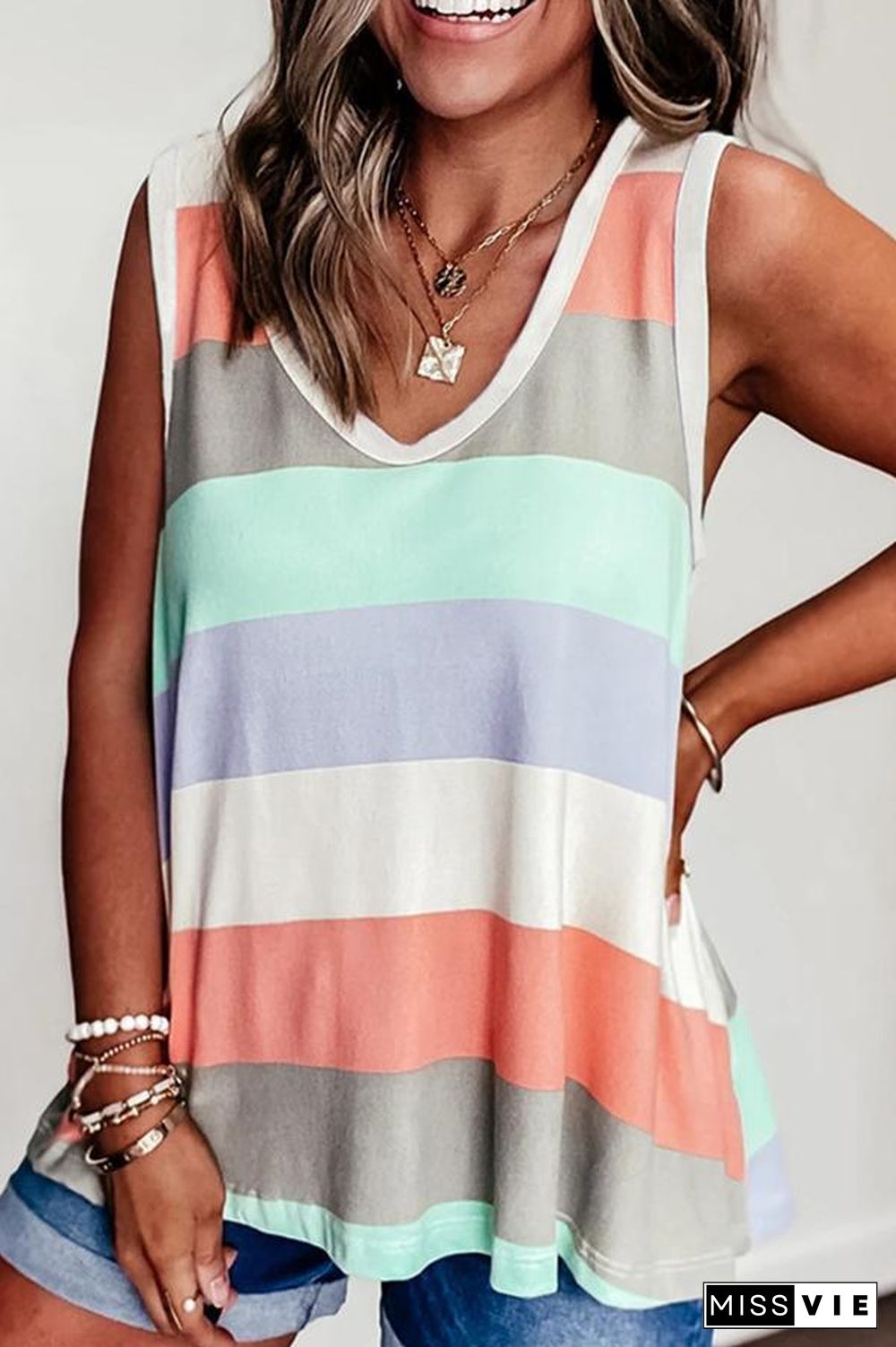 Rainbow Stripe Contrast Sleeveless Top