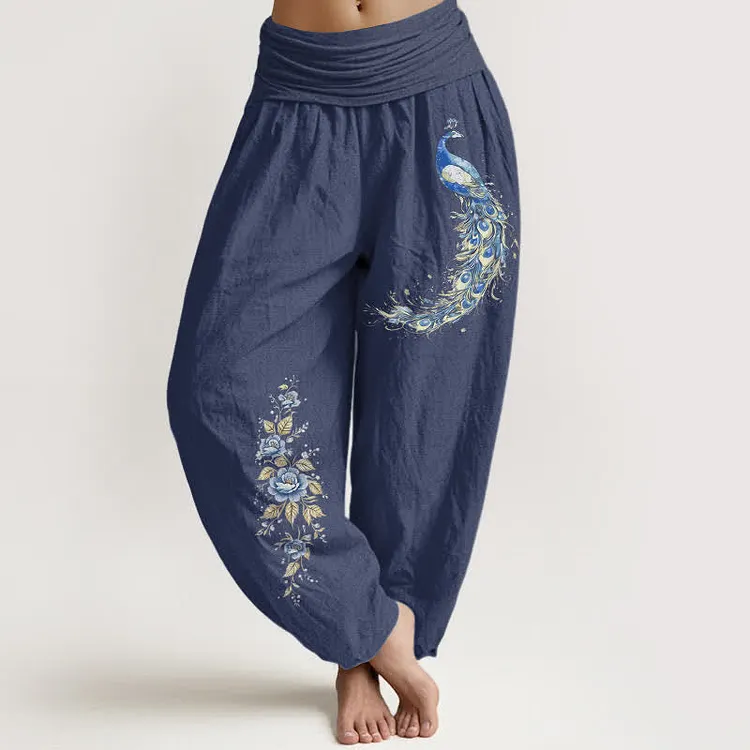 Cotton Peacock Bloom Pattern Women's Elastic Waist Harem Pants