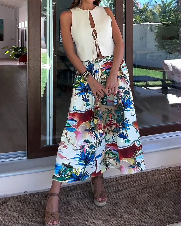 Round Neck Strappy Top and Printed Skirt Two-piece Suit