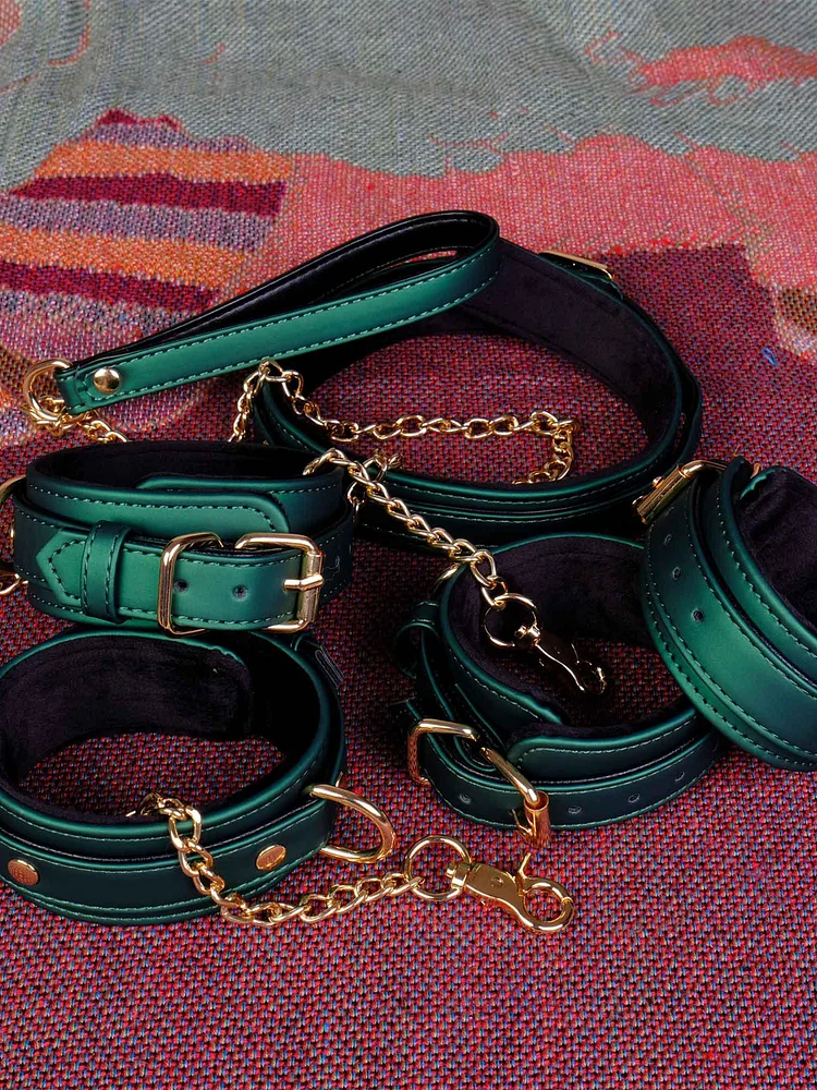 pornhint Pornhint Green leather bondage set/BDSM collar and leash/wrist cuffs/handcuff belt/ankle cuffs/BDSM restraint kit/women fur harness belt/adult Mature bdsm pillory
