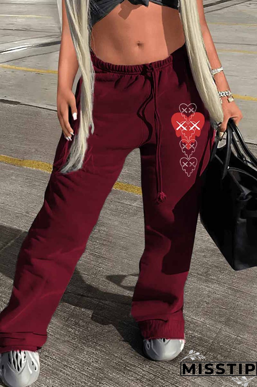 Burgundy Street Print Patchwork Straight Bottoms