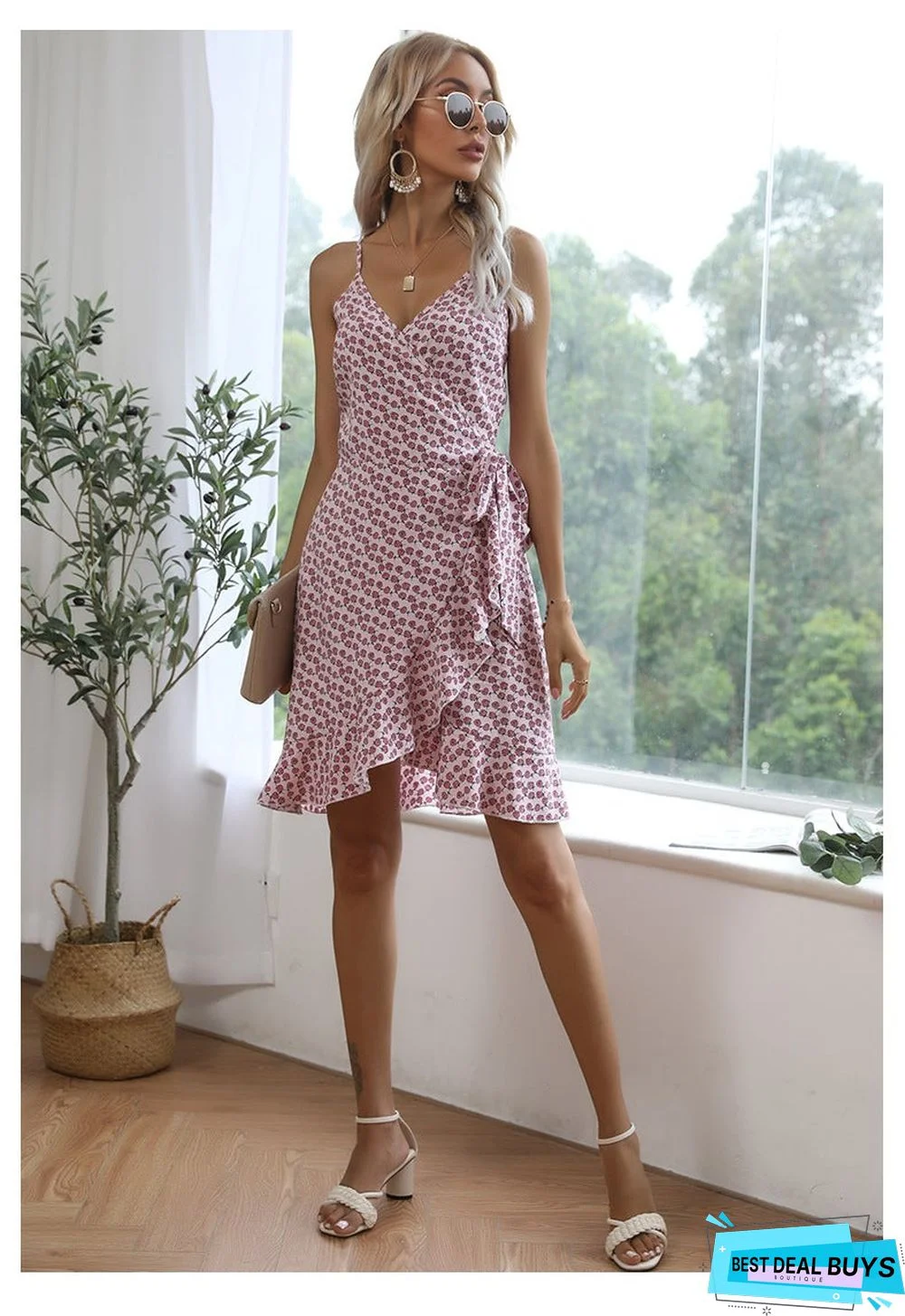 Summer Printing Irregular Ruffled Suspenders Dress Women