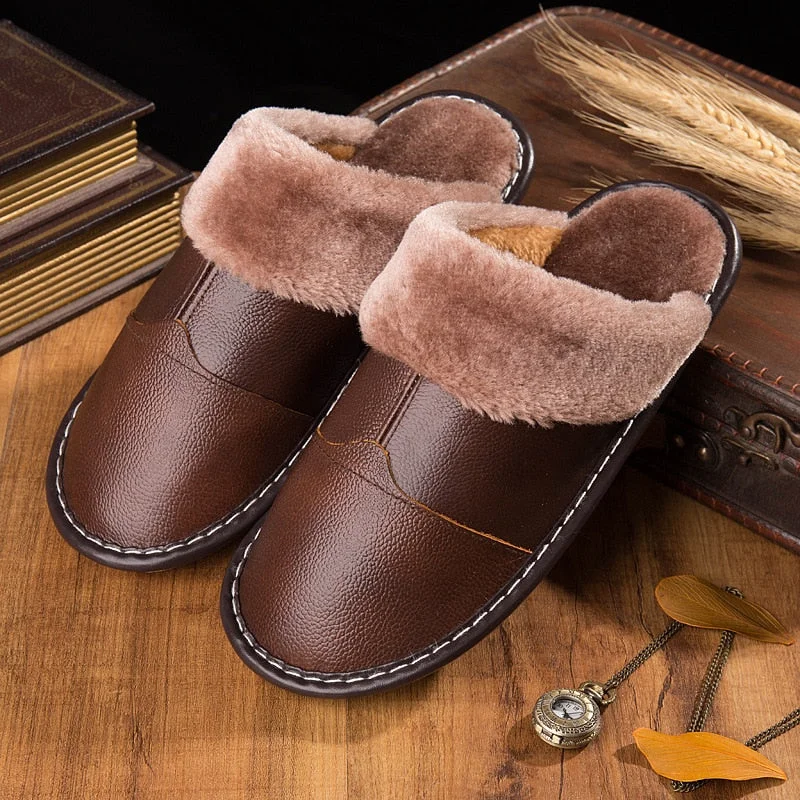 Female Anti-slip Warm Household Slipper Men Leather Slippers In Autumn And Winter Plus Size For 45 Couples Cotton Slippers