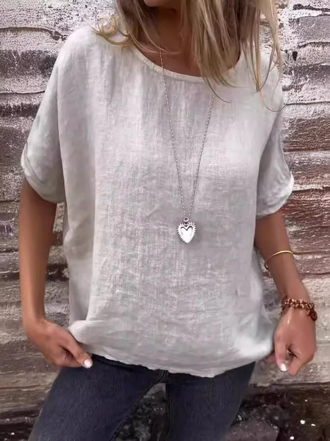 Women's Round Neck Mid-Sleeve Cotton And Linen Loose Top