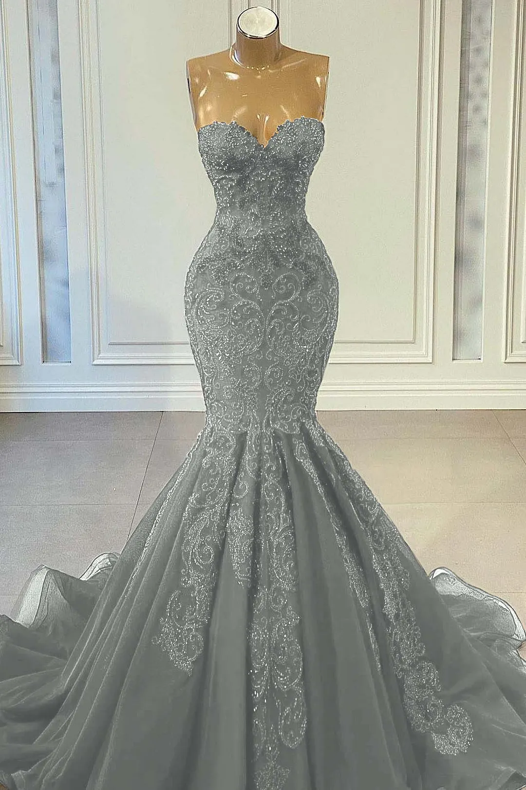 Strapeless Mermaid Long Black Ruched Satin Prom Dress with Beadings main image 1