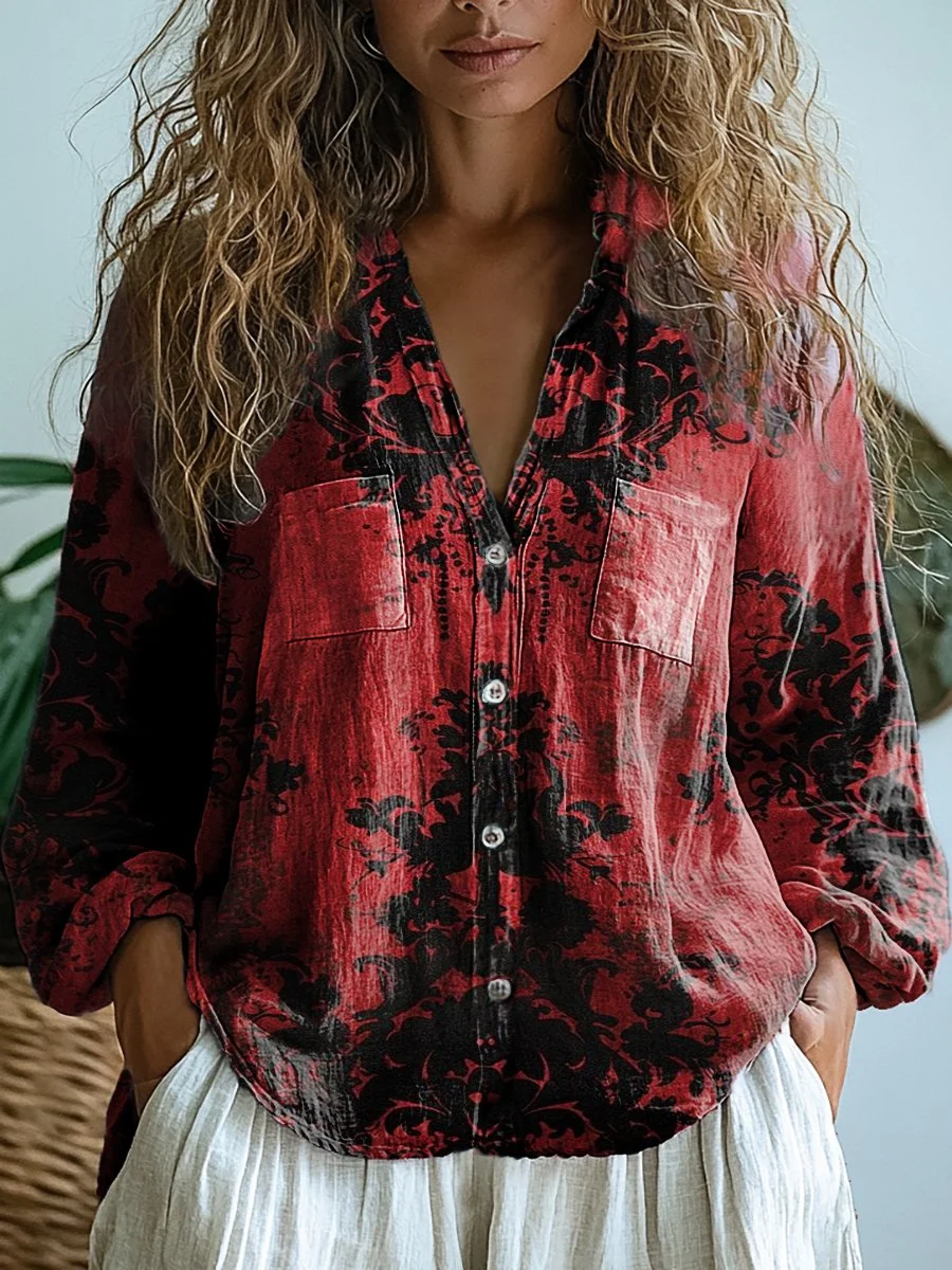 Women's Retro Dark Floral Print Casual Long Sleeve Comfortable Cotton Shirt