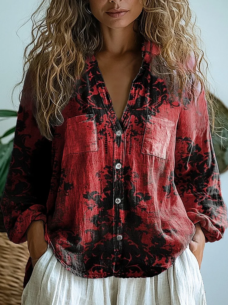Women's Retro Dark Floral Print Casual Long Sleeve Comfortable Cotton Shirt