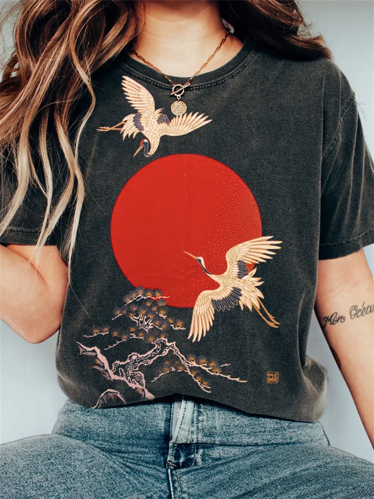 Cranes & Sunrise Japanese Art Vintage Washed Drawing T Shirt
