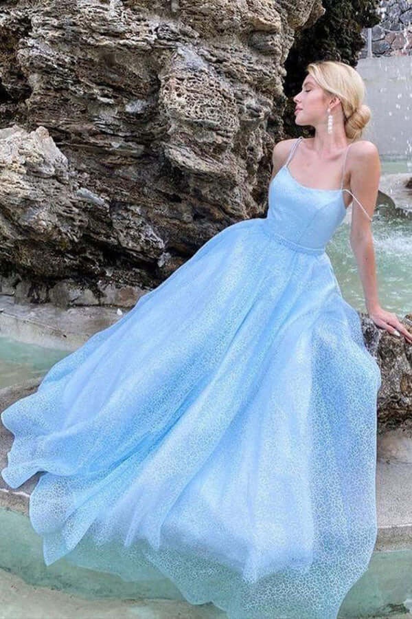 Ovlias Dazzling Sky Blue Spaghetti Strap Sheer Backless Evening Dress LY0577