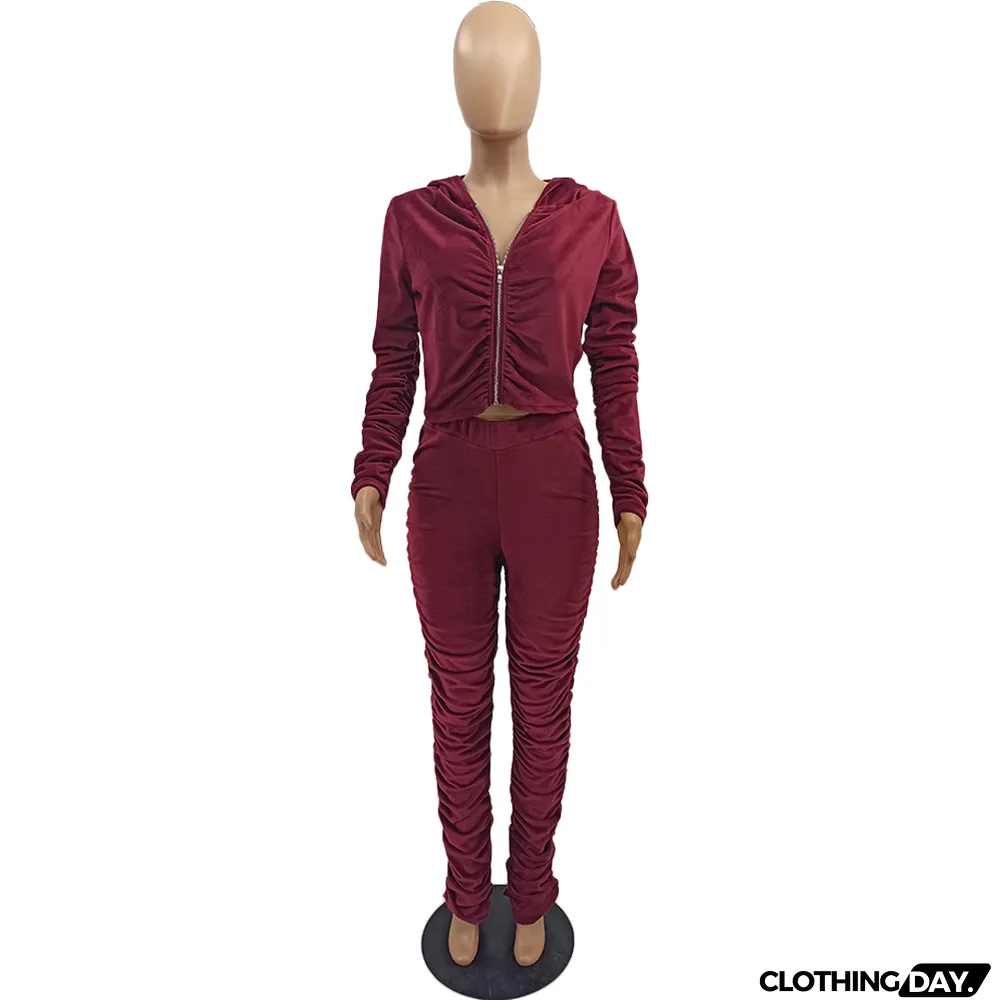 Velvet Pleated Zipper Hooded Jacket Skinny Pants Suit