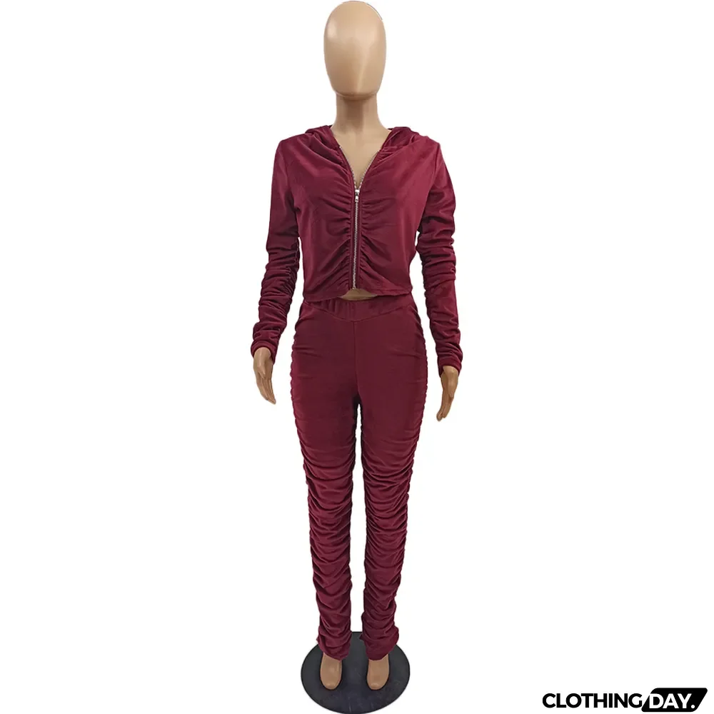 Velvet Pleated Zipper Hooded Jacket Skinny Pants Suit