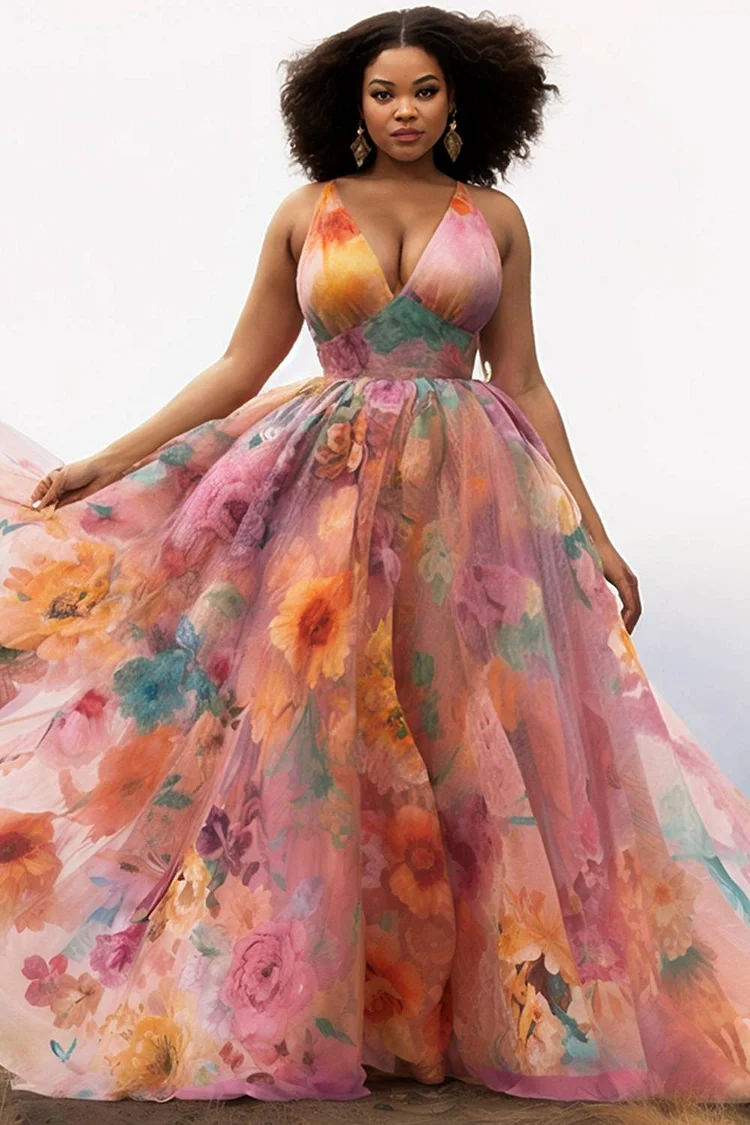 Xpluswear Design Plus Size Wedding Guest Pink Floral V Neck Sundress Tulle Maxi Dresses