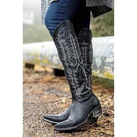 Knee High Western Cowboy Boots Pointed Toe Cowgirl Boots Vintage Country Boots  Stunahome.com