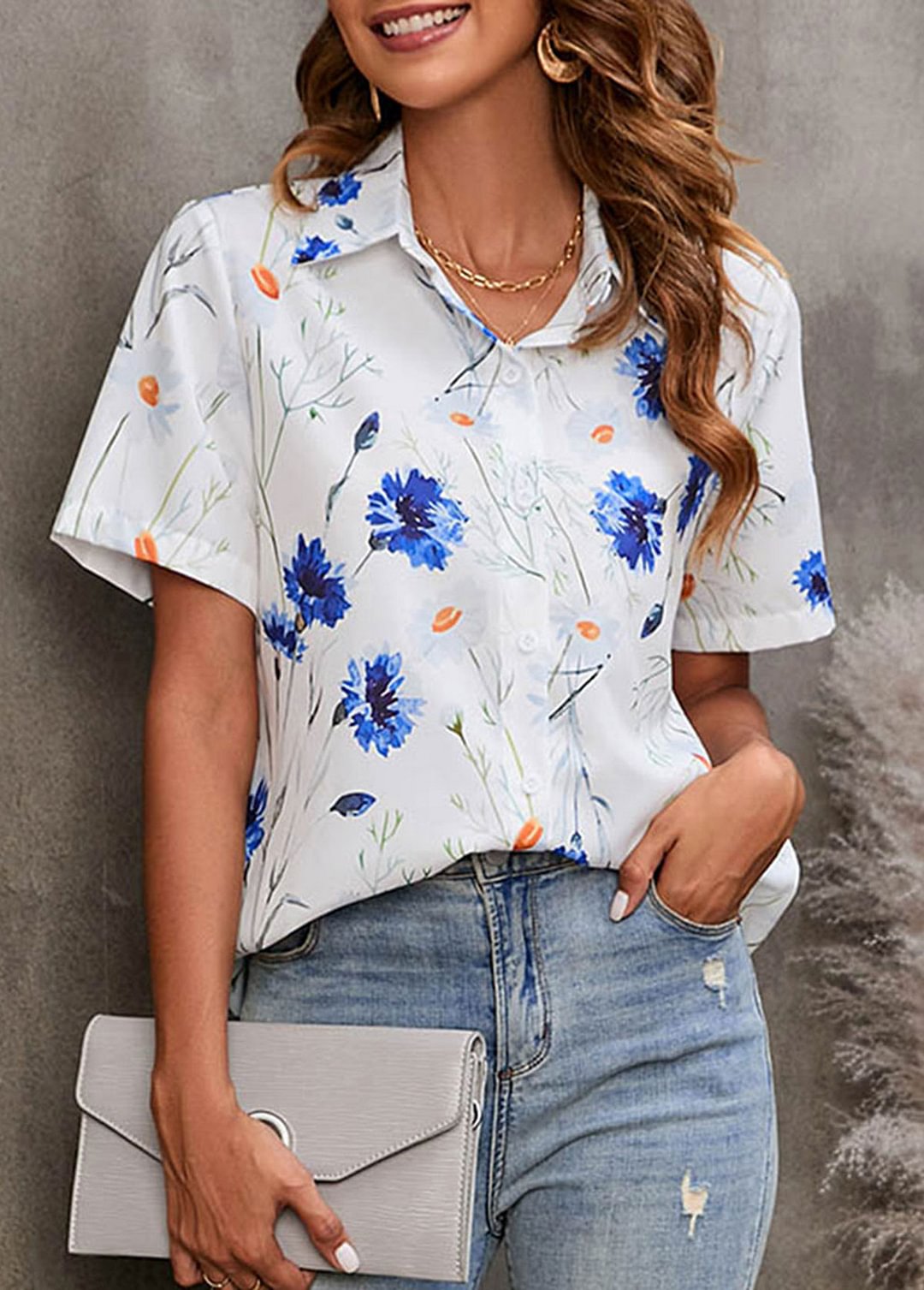 White Floral Print Turndown Collar Blouse
