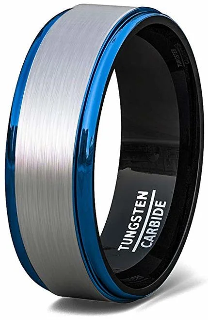 6MM 8MM Women's Or Men’s Black and Silver Tungsten Carbide Wedding Rings With Blue Rim Stepped Edges
