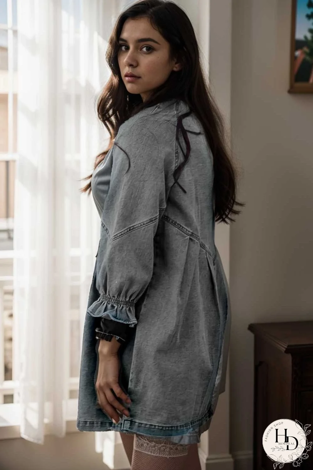 down loose short sleeve denim jean dress drop shoulder a line paneled peasant closed bateau v neck dress