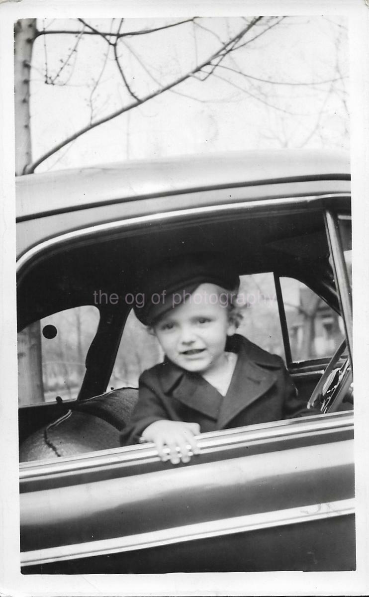 Car Boy FOUND Photo Poster painting Original BW Snapshot Photo Poster paintingGRAPHYDD 02 12 M