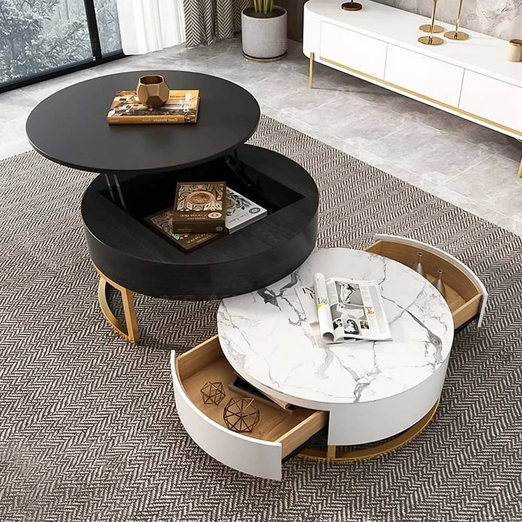 Modern Round Lift Top Wood Coffee Table With Rotatable Drawers In White Natural Modern Round Lift Top Wood Coffee Table, Modern Round Coffee Table With Storage White Stone Nesting Rotatable Drawers