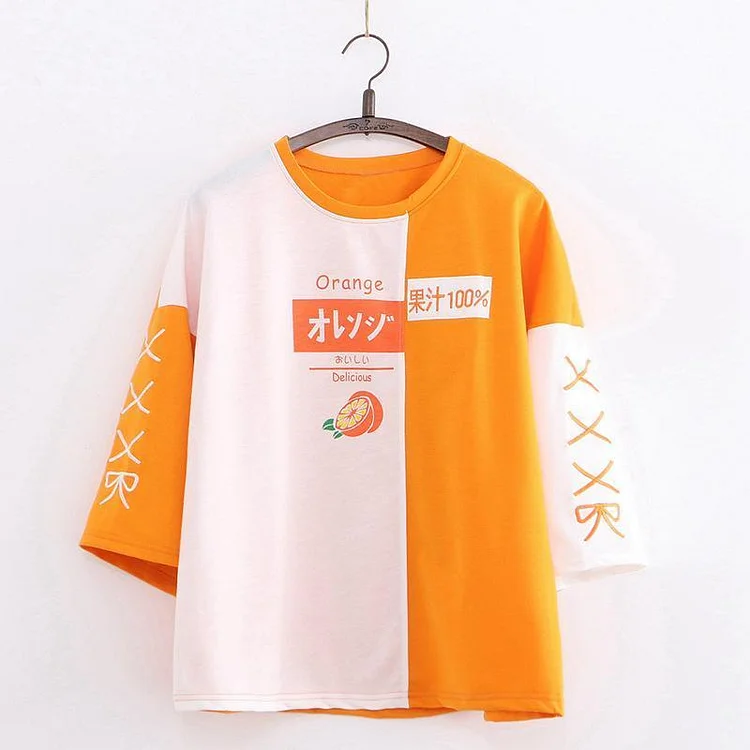 Japanese Orange Letter Print Color Block T-shirt - Modakawa Modakawa