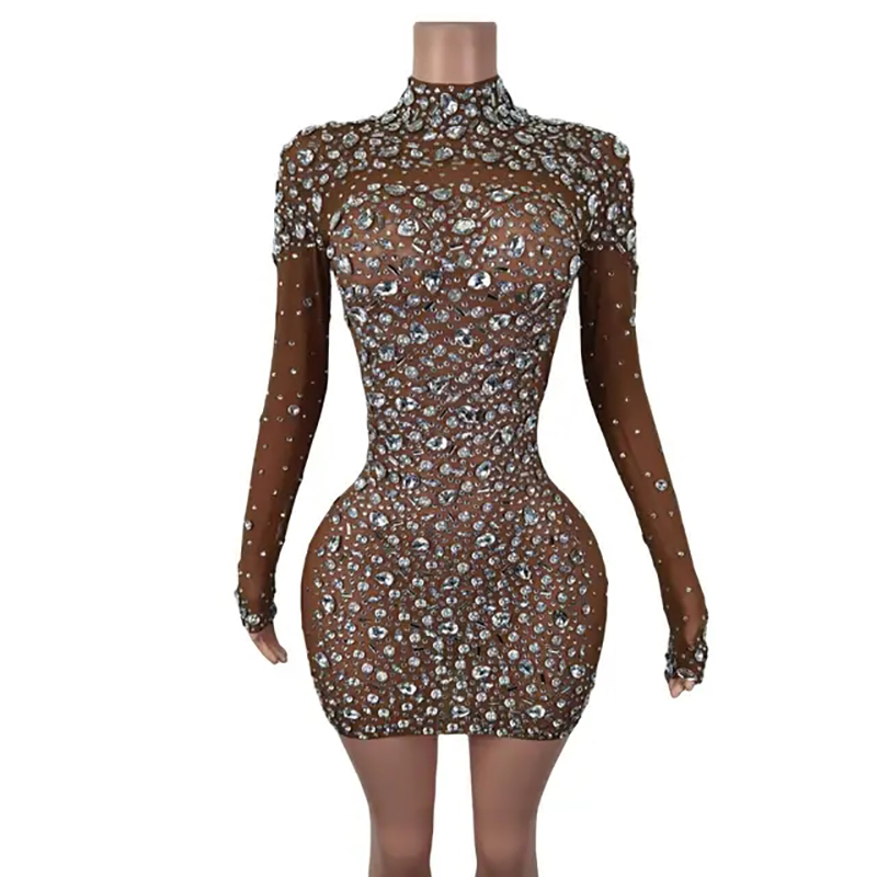 GOOSHOE Pink Cocktail Dress Rhinestone Mesh Dress Woman Formal Clothes For Women