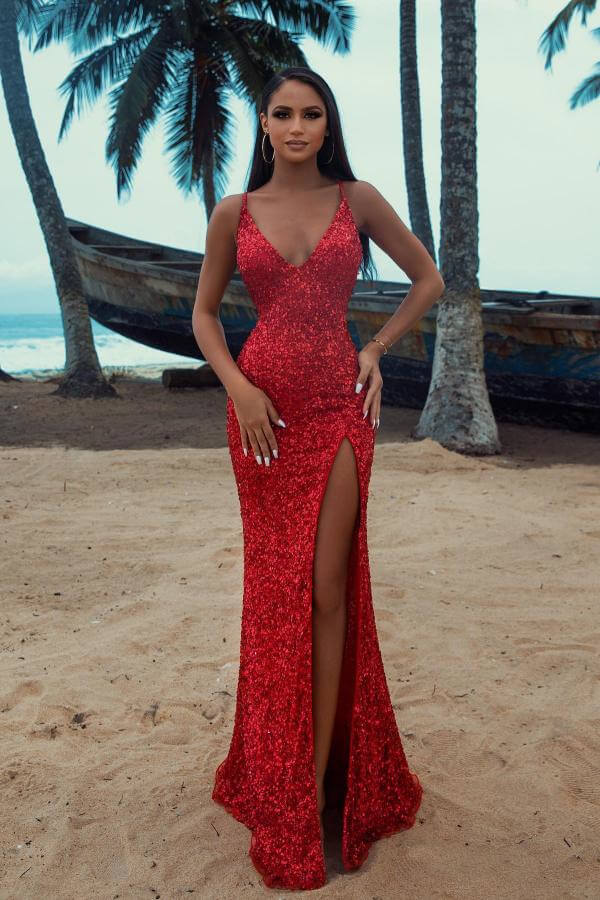 Dresseswow Red Sequins Evening Dress Spaghetti-Straps V-Neck Mermaid With Split