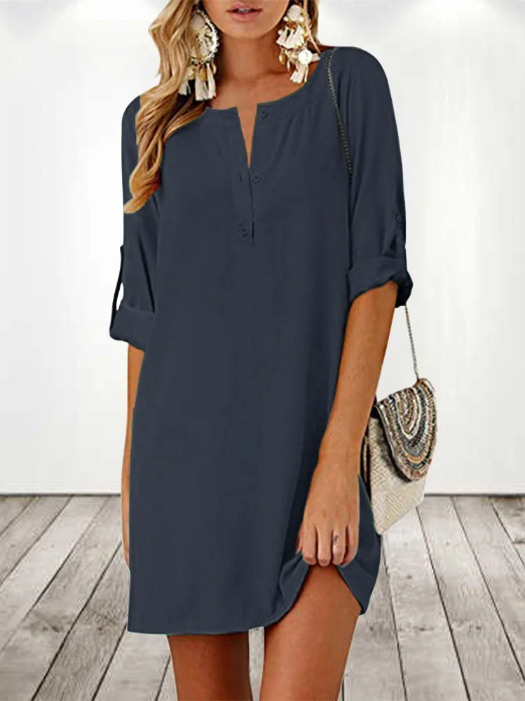 Women's 3/4 Sleeve V-neck Cotton And Linen Solid Color Midi Dress