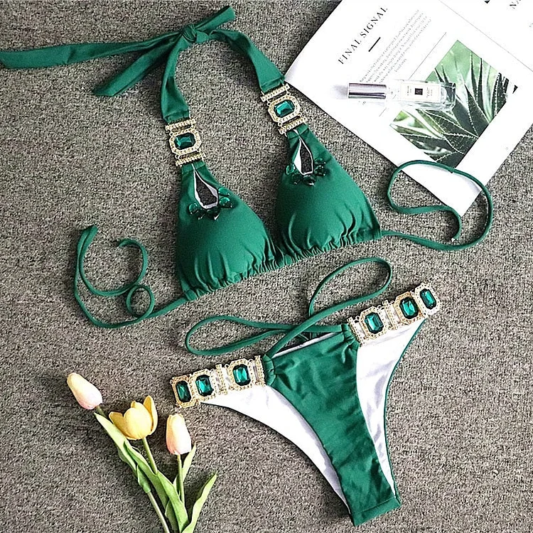 Sexy Rhinestones Bikini 2022 Women Solid Green Push Up Glitter Diamond 2 Piece Swimsuit Bathing Suit Chain Metal Thong Swimwear