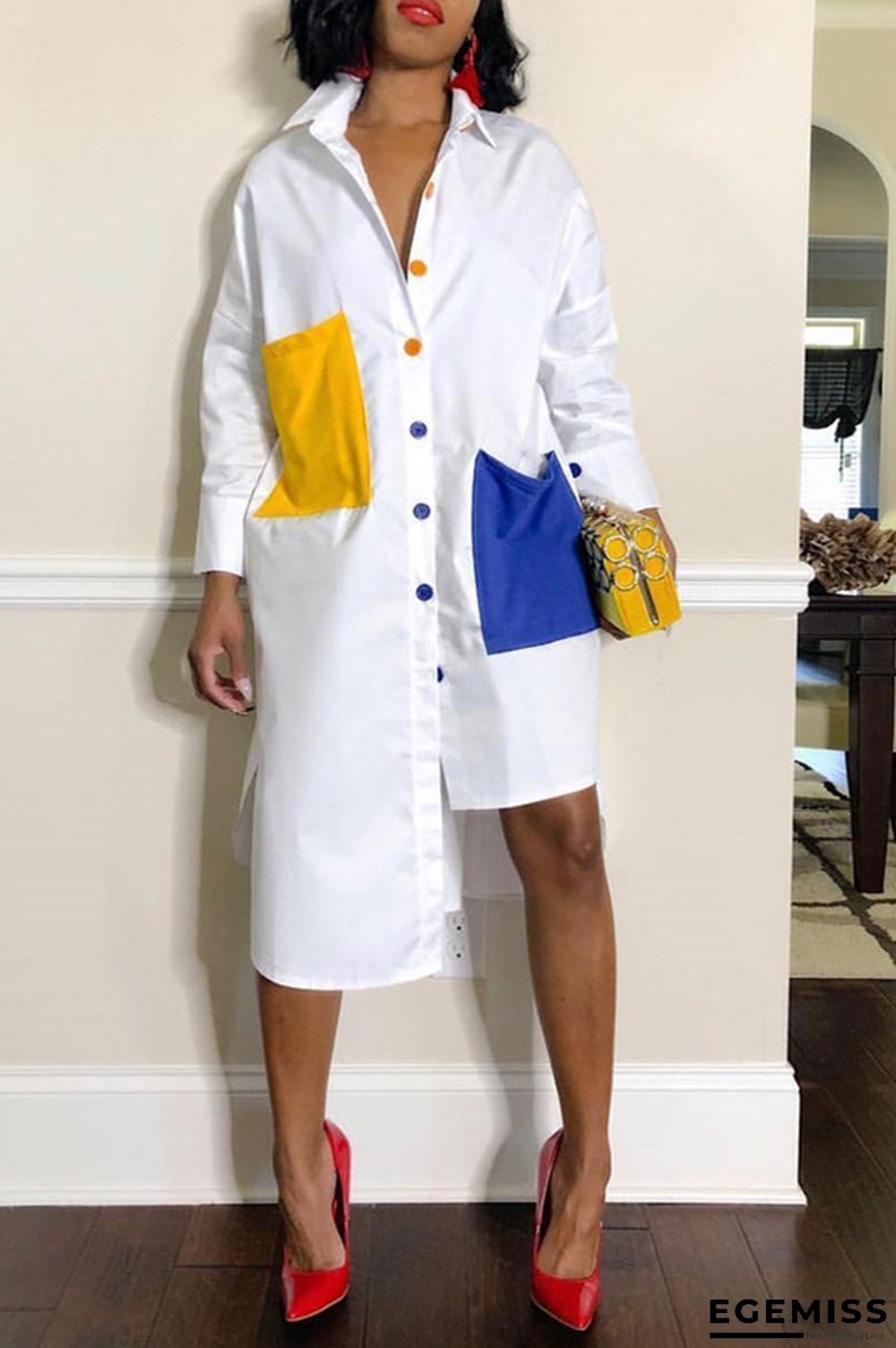 White Euramerican Color Collision Splicing Irregular Mid Calf Dress | EGEMISS