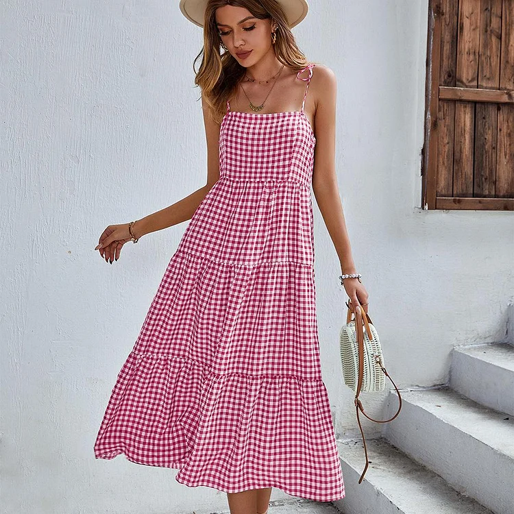 Promsstyle Summer gingham check print midi slip dress Prom Dress 2023