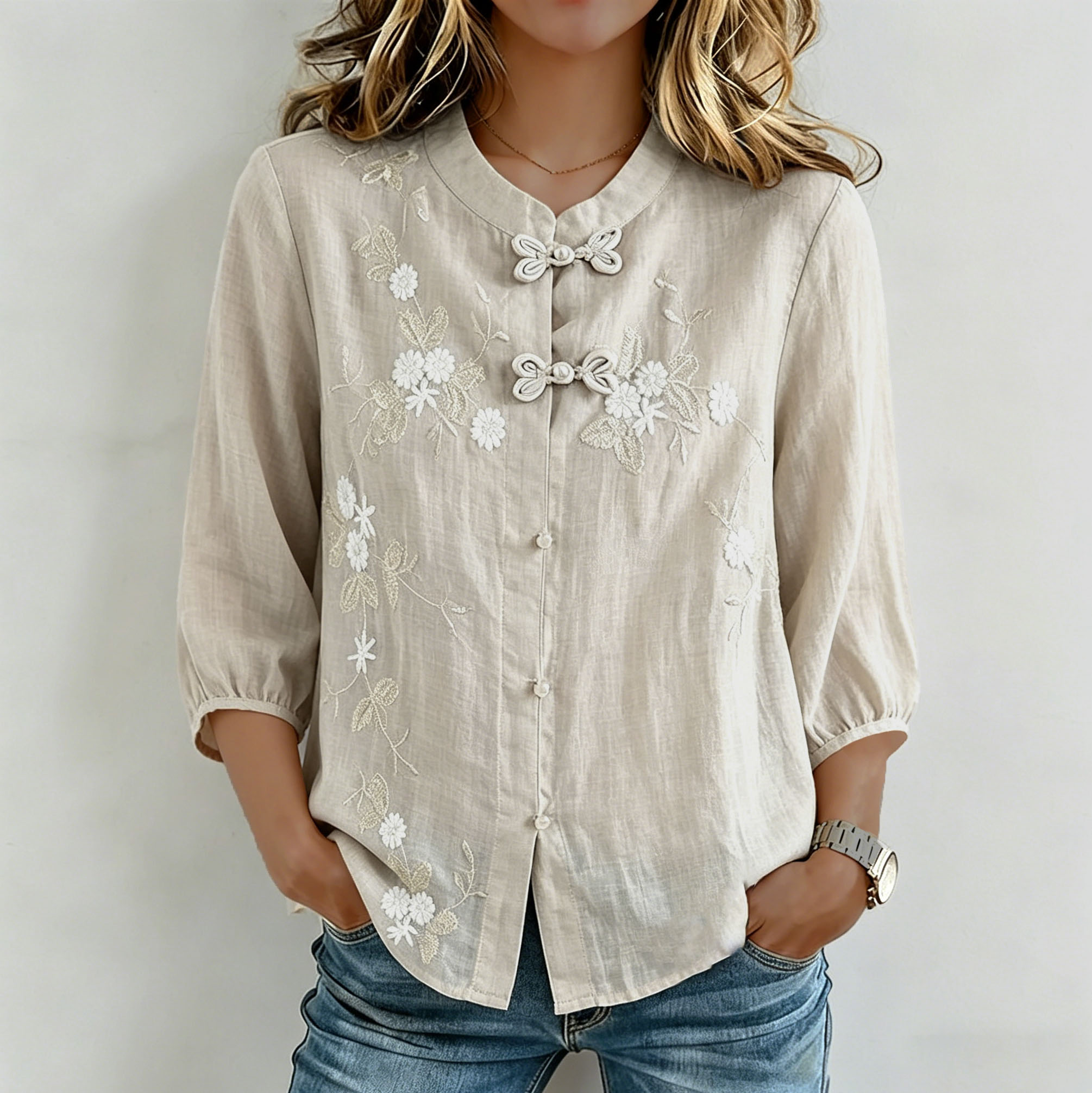 Comstylish Women's Artistic Floral Embroidery Cotton Linen Casual Three-quarter Sleeve Top