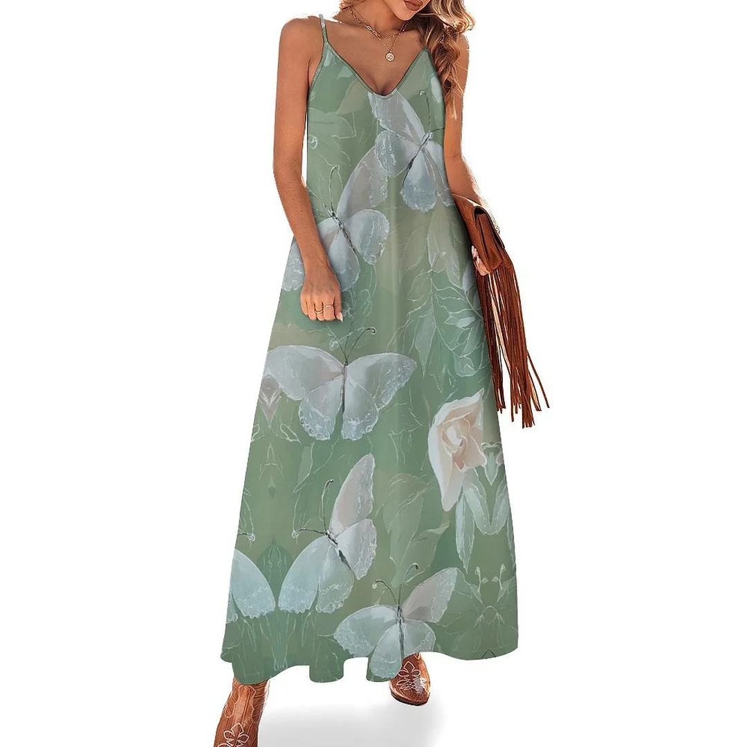 Style & Comfort for Mature Women Plus Size Printed Sling Casual Women Maxi Dress in Pattern Pink, Green, Butterfly