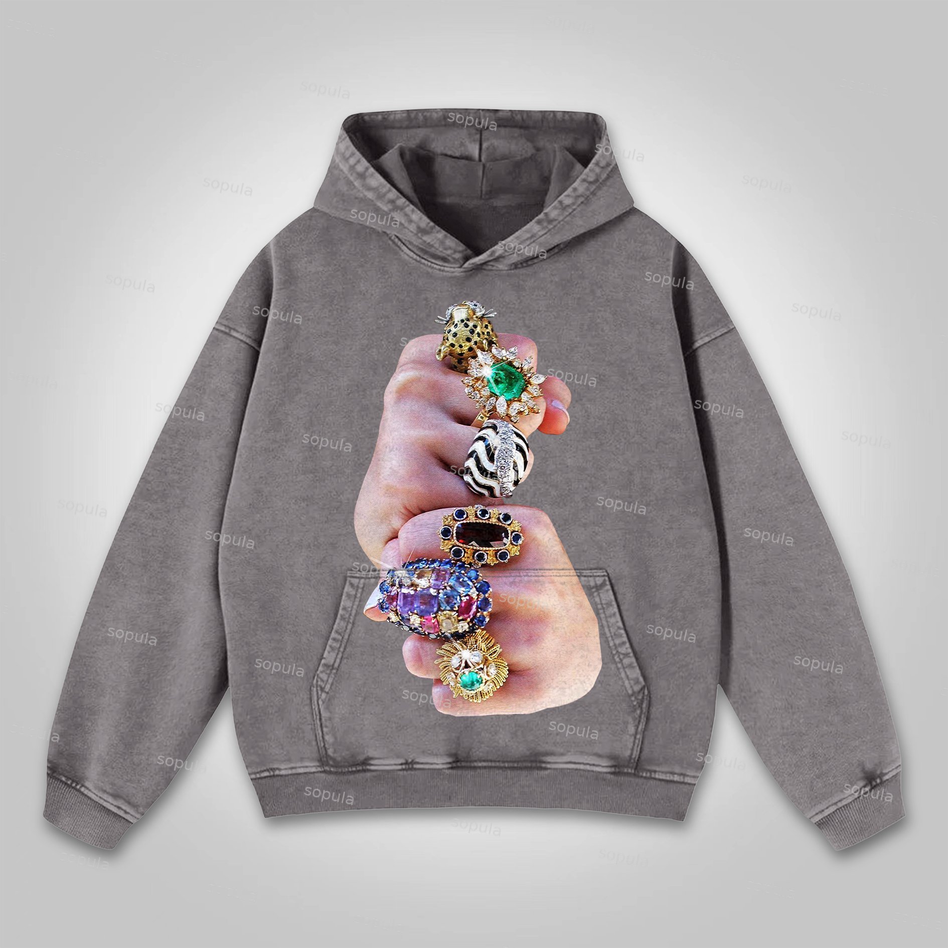 Sopula Finger Graffiti Diamond Ring Print Pocket Washed Hoodie - SOPULA