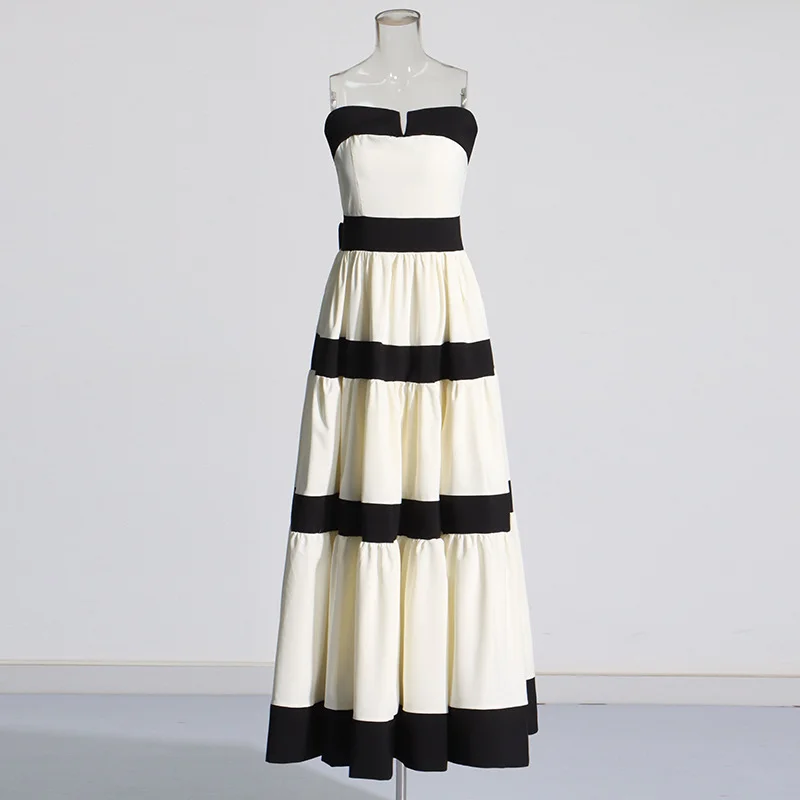 Zingj French Elegant Style Dress With Bra Dress 2025 New Splicing Bow Design Striped Long Dress Woman
