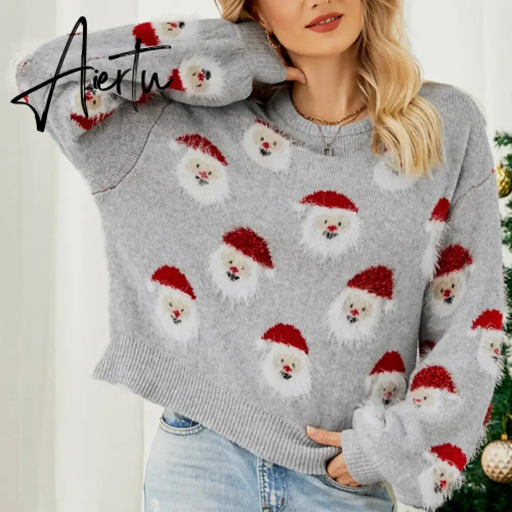 Ladies Cute Sweater Autumn/Winter New O-Neck Lantern Sleeve Loose Knitted Tops Traf Pullover Father Christmas Sweaters New Year Aiertu