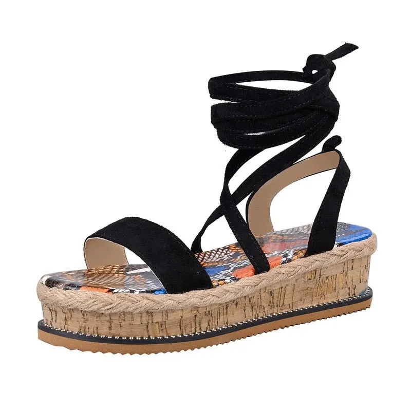 2021summer Women Sandals Ladies Platform Snake Pattern Sandals Open Toe Lace Ankle Cross Strap Slides Beach Outdoor Party Shoes