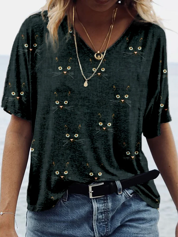 Cute Cat Face Pattern V Neck Comfy T Shirt