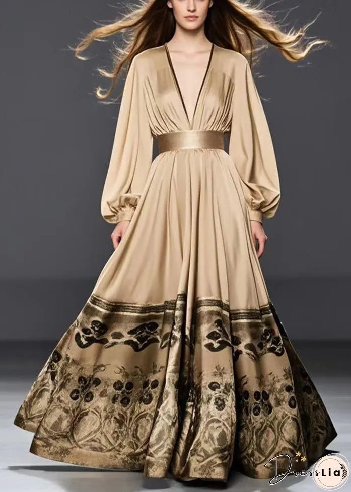 Women Golden Cinched Print Silk Maxi Dresses Fall