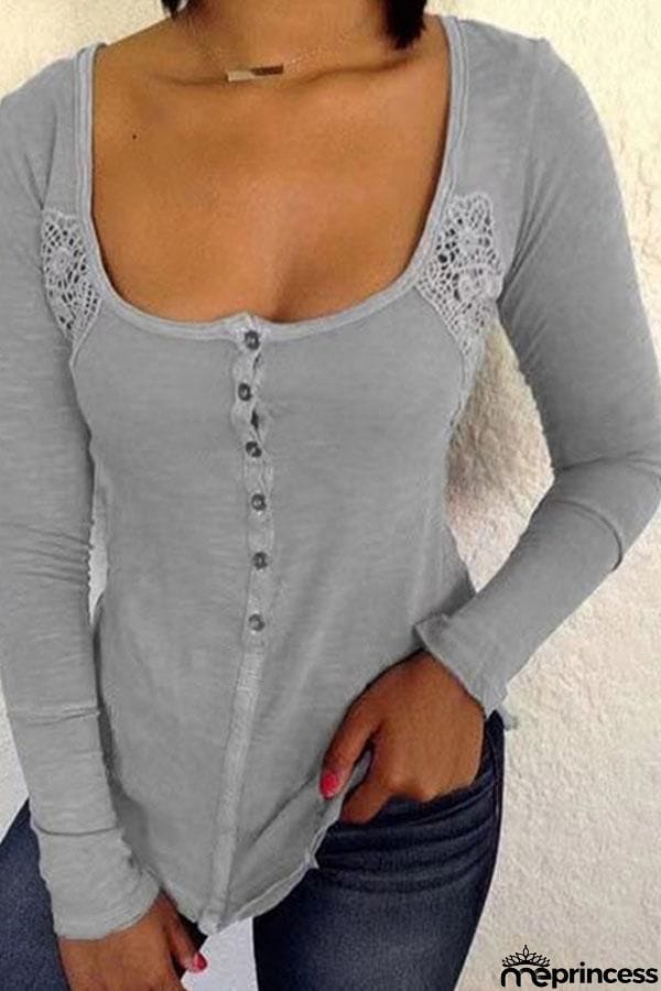 Button Long Sleeve U Neck T Shirt