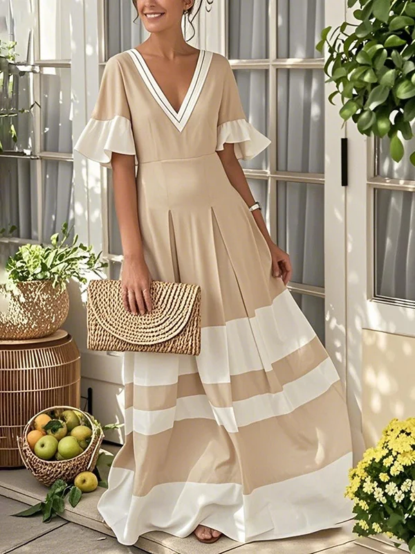 Pleated Contrast Color Loose High Waisted V-Neck Maxi Dresses