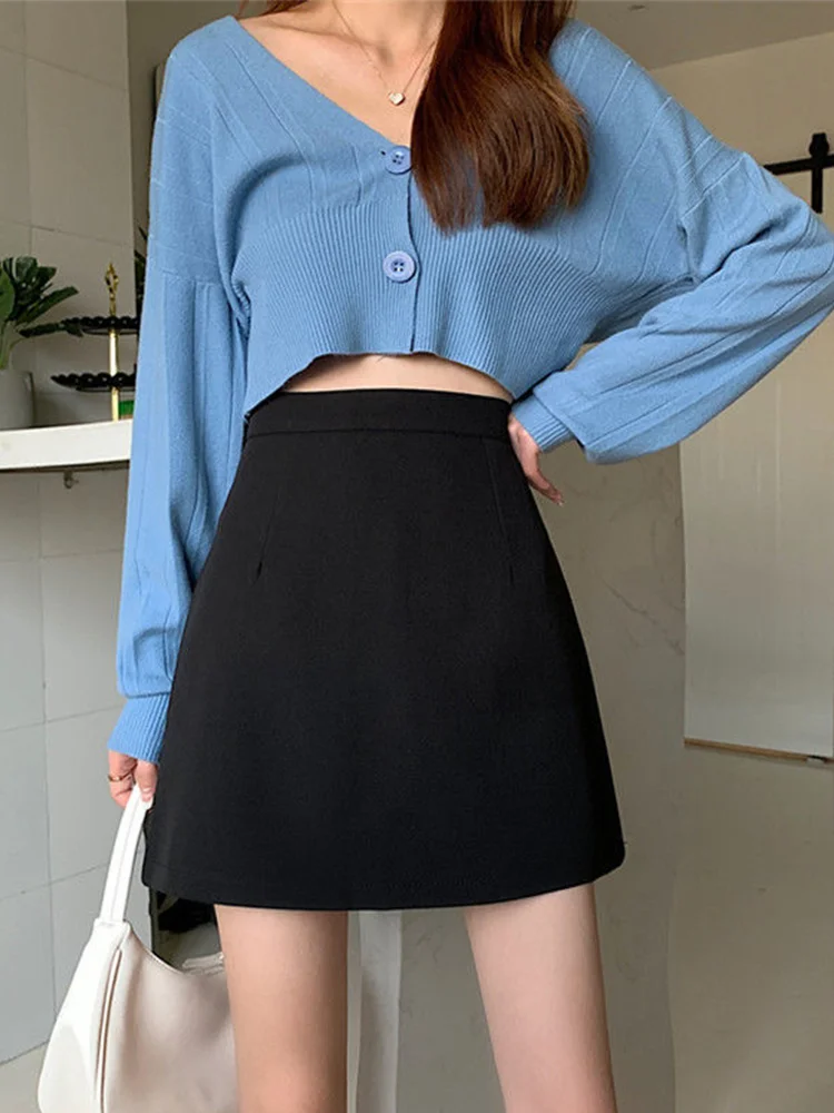 Huibahe Skirts Women Mid-calf College A-line High Waist Korean Style OL All-match Friends Streetwear Chic Female Bottom